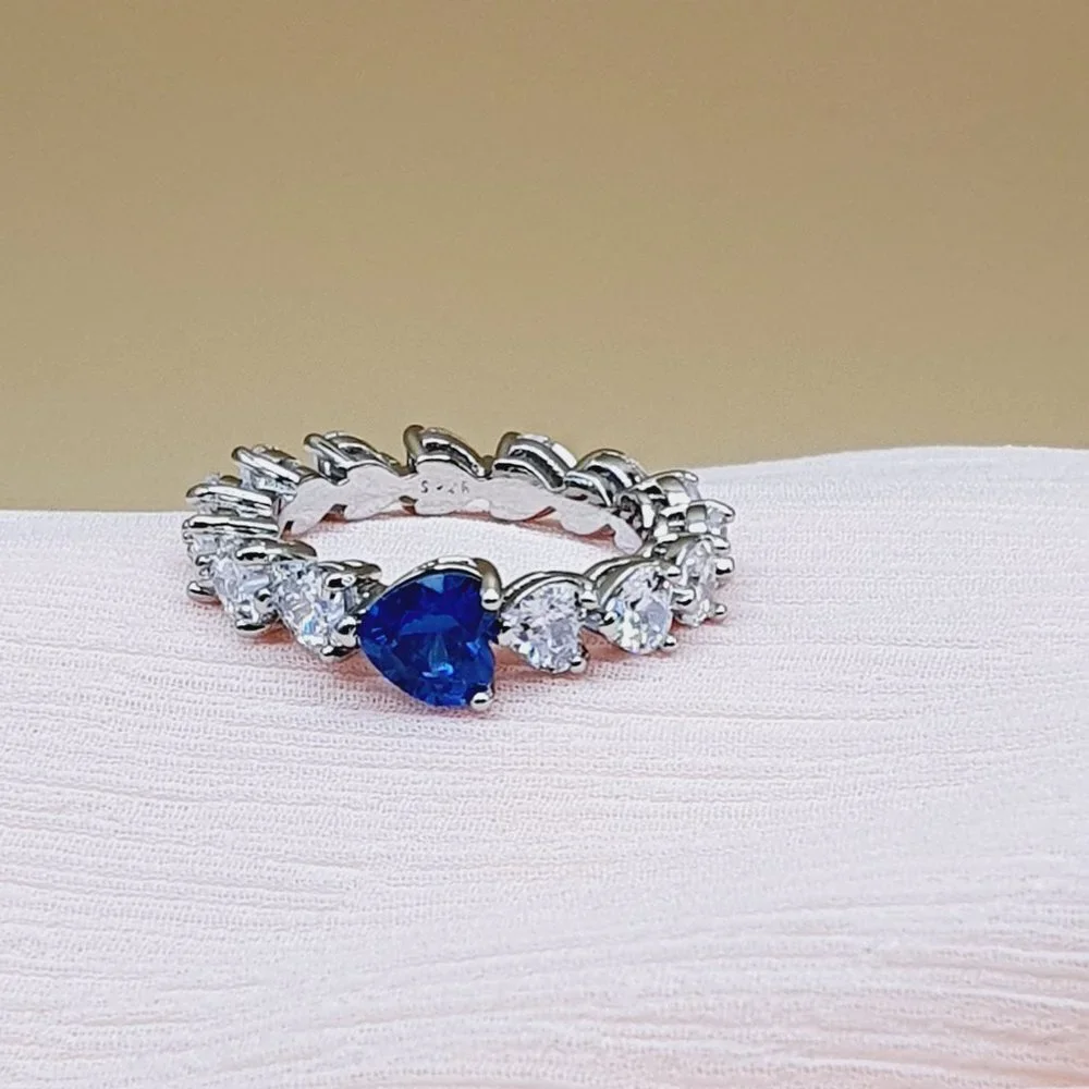 💎 Sweet Crystal  CZ Lovely Blue Diamonds Heart Rings for Women, INDN8415 - Picture 9 of 10